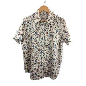 zeagoo Floral Print‎ Short Sleeve Button Up Shirt Women's Size L Cream
